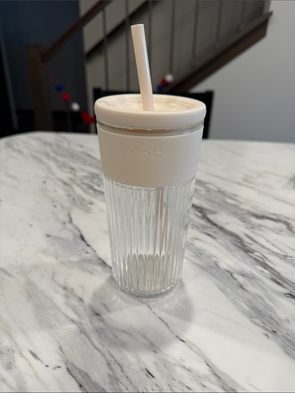 Ello 18 oz. Cream Ribbed Glass Tumbler with Straw